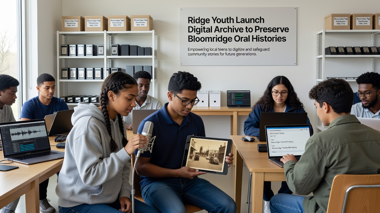 Community members reviewing digitized oral history transcripts on tablets during a Ridge youth archive workshop session