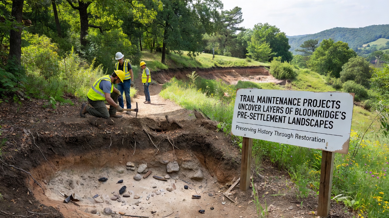 Close-up view of exposed pre-settlement soil strata with embedded charcoal and root structures during trail excavation